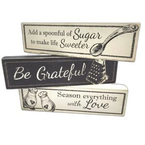 Young's Kitchen Themed Black & Beige Hang/Stand Plaque Trio 7"X2X"0.75" Each